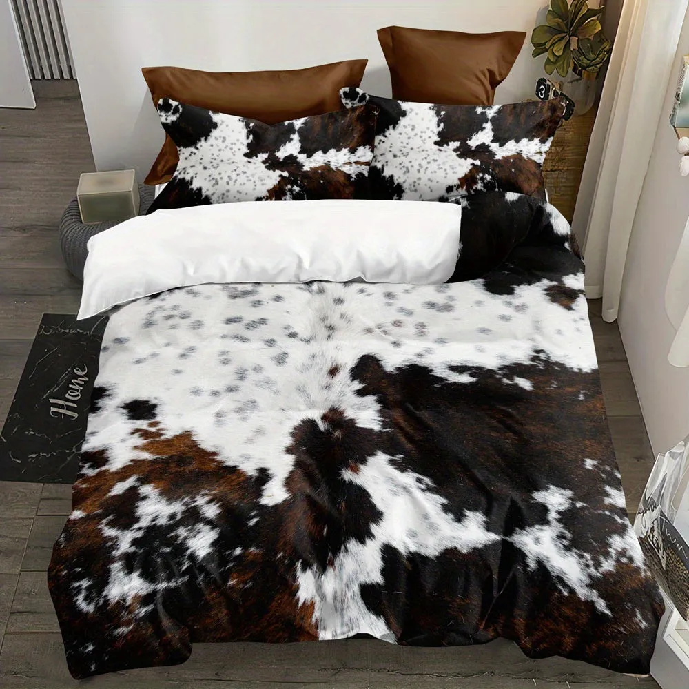 3pcs Duvet Cover Set, Fur Pattern Stitching Print Rustic Cowhide Style Bedding Set, Soft Comfortable Duvet Cover, For Bedroom, G