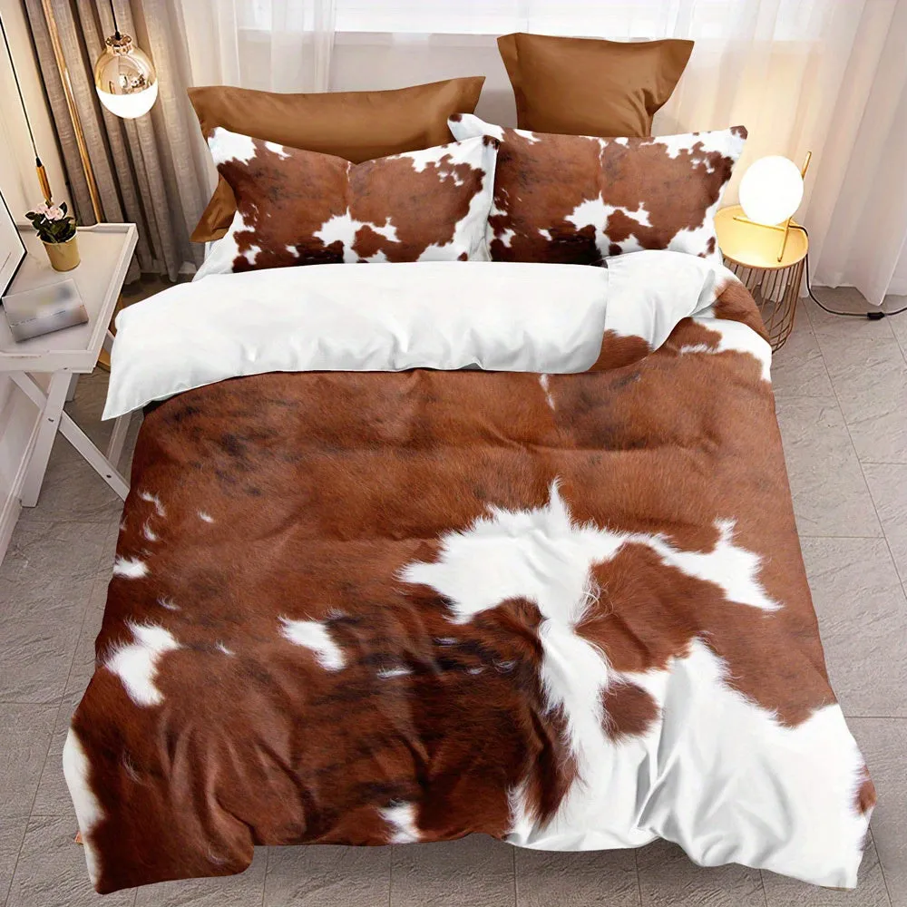 3pcs Duvet Cover Set, Fur Pattern Stitching Print Rustic Cowhide Style Bedding Set, Soft Comfortable Duvet Cover, For Bedroom, G