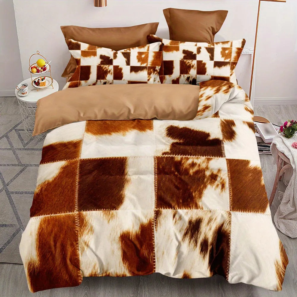 3pcs Duvet Cover Set, Fur Pattern Stitching Print Rustic Cowhide Style Bedding Set, Soft Comfortable Duvet Cover, For Bedroom, G