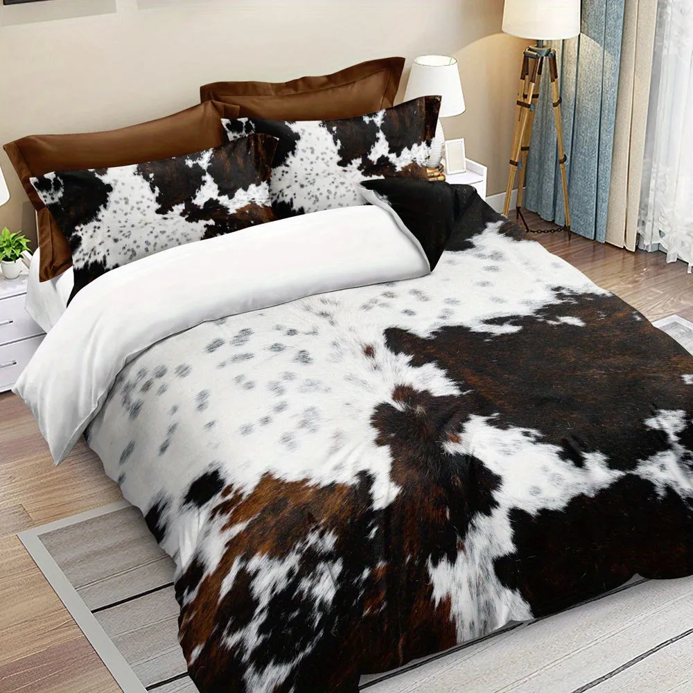 3pcs Duvet Cover Set, Fur Pattern Stitching Print Rustic Cowhide Style Bedding Set, Soft Comfortable Duvet Cover, For Bedroom, G