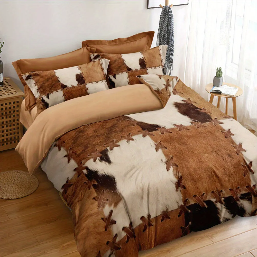 3pcs Duvet Cover Set, Fur Pattern Stitching Print Rustic Cowhide Style Bedding Set, Soft Comfortable Duvet Cover, For Bedroom, G