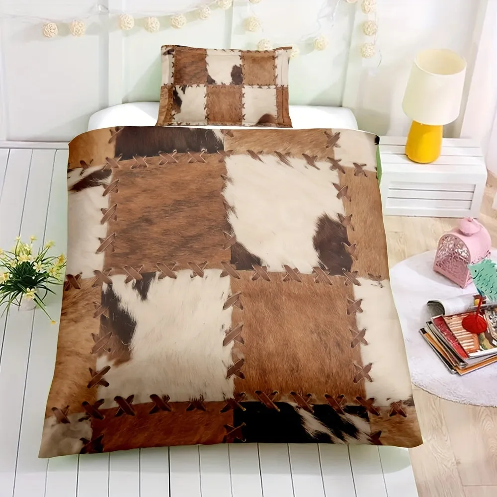 3pcs Duvet Cover Set, Fur Pattern Stitching Print Rustic Cowhide Style Bedding Set, Soft Comfortable Duvet Cover, For Bedroom, G