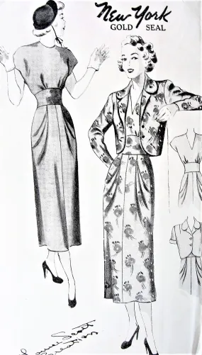 40s STUNNING Midriff Cocktail Dinner Party Dress and Jacket Pattern NEW YORK 505 Louise Scott Designer Jewel or V Neckline Slim 