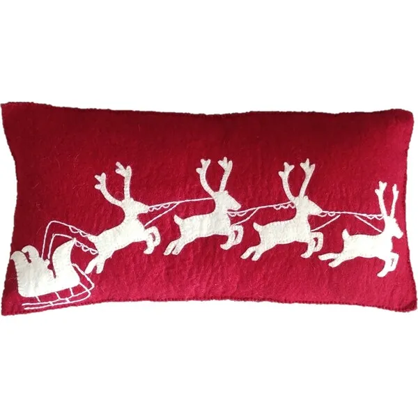 Arcadia Home Wool Sleigh and Reindeer Pillow, Red