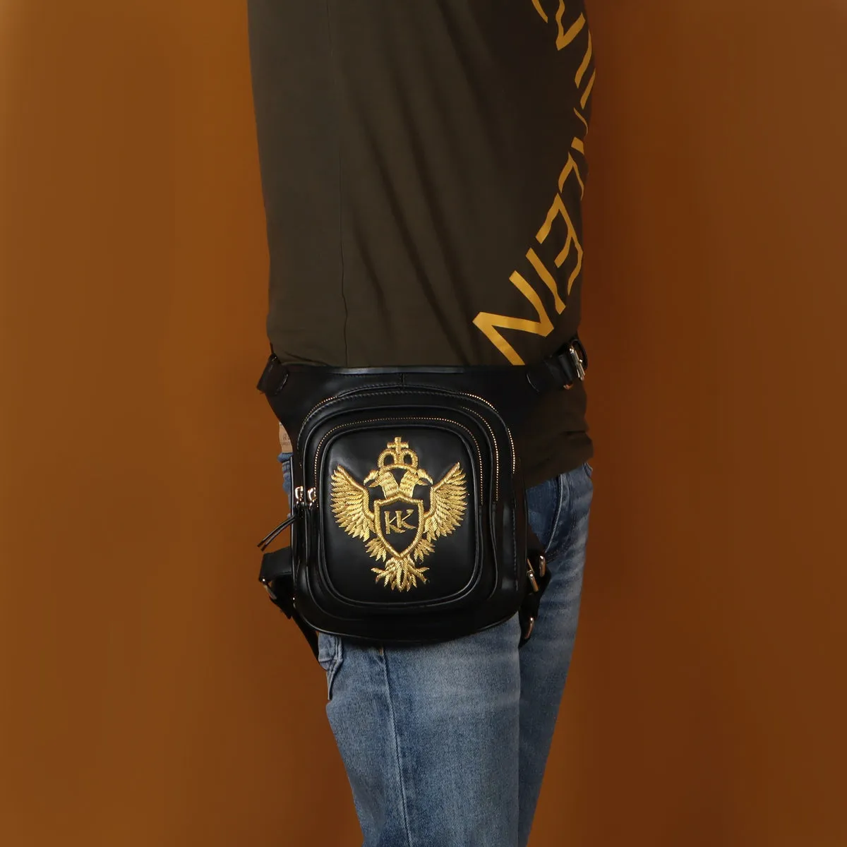 Bespoke Thigh Pouch Travel Bag with Golden Zardosi In Black Leather