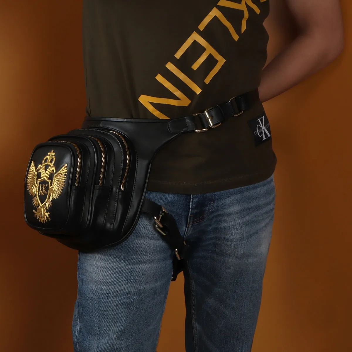 Bespoke Thigh Pouch Travel Bag with Golden Zardosi In Black Leather