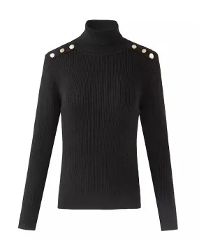 Black Knitted Buttoned Turtleneck Sweater