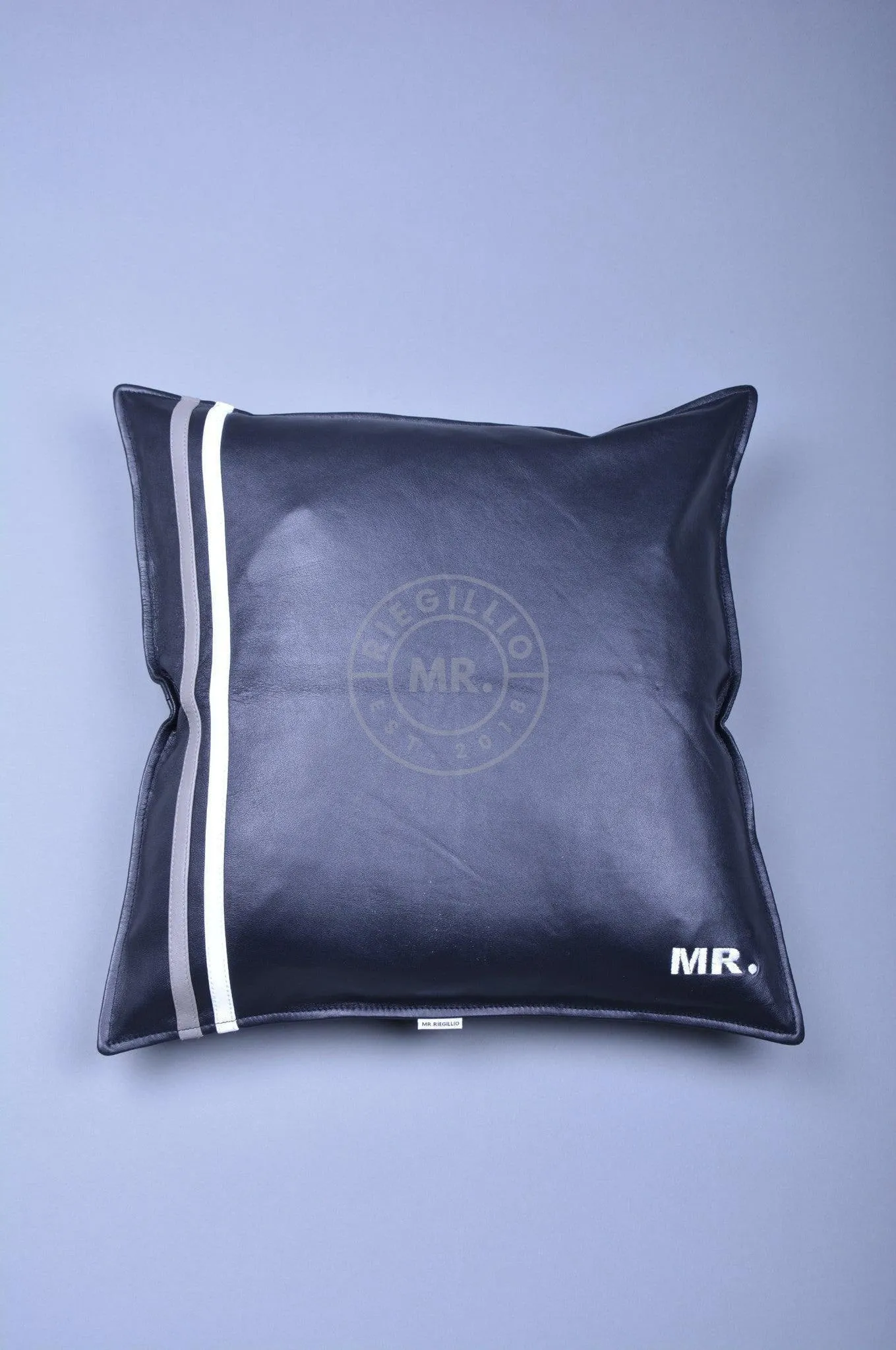 Black Leather Pillow - Grey Stripe