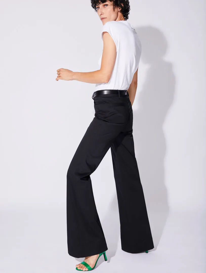 Black stretch cotton satin flared trousers