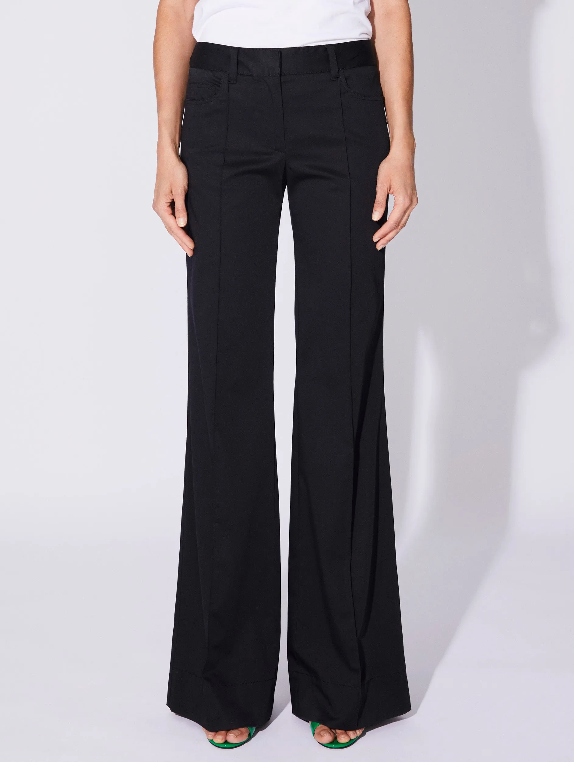 Black stretch cotton satin flared trousers