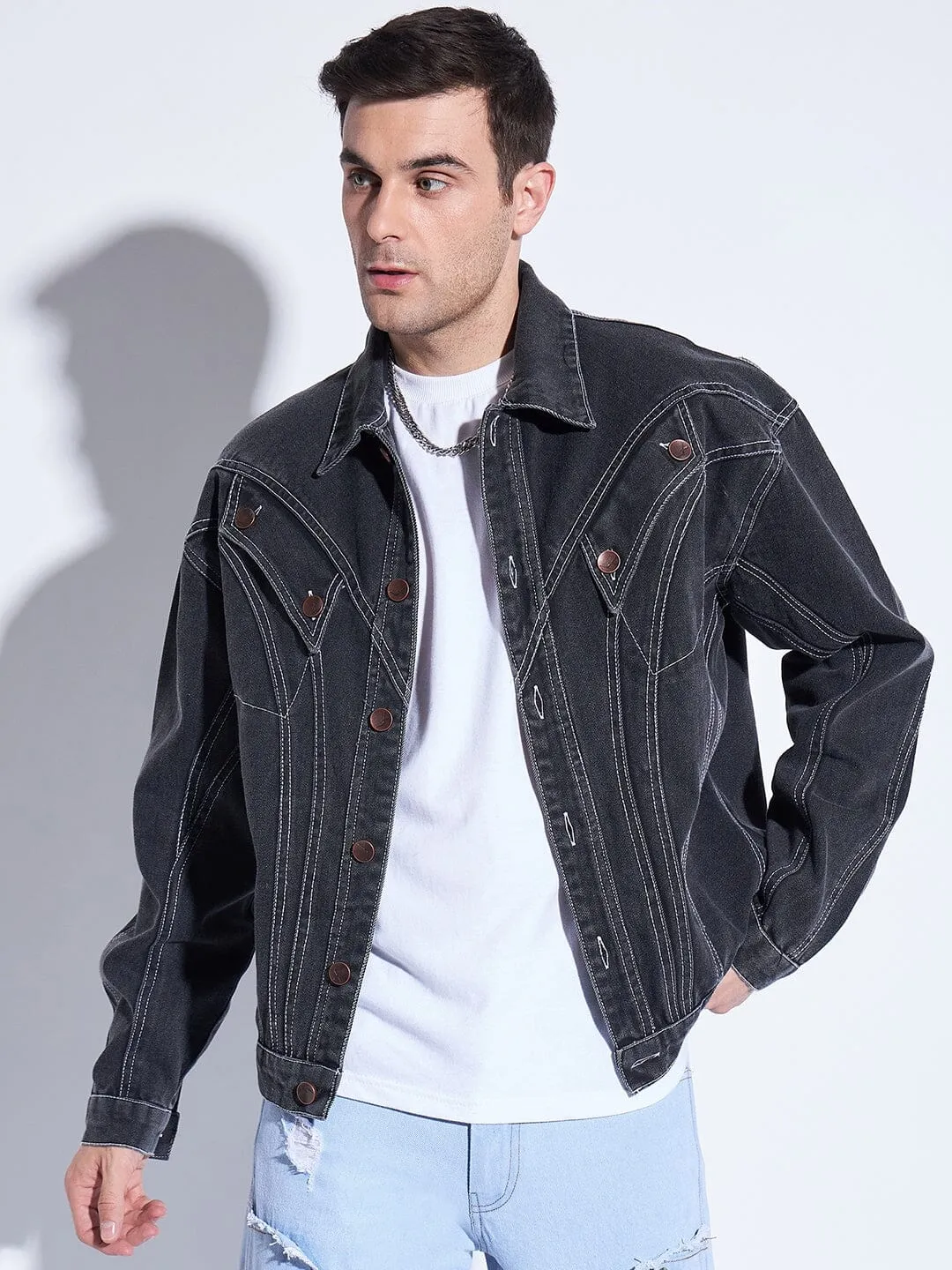 Black Wavy Panel Denim Jacket