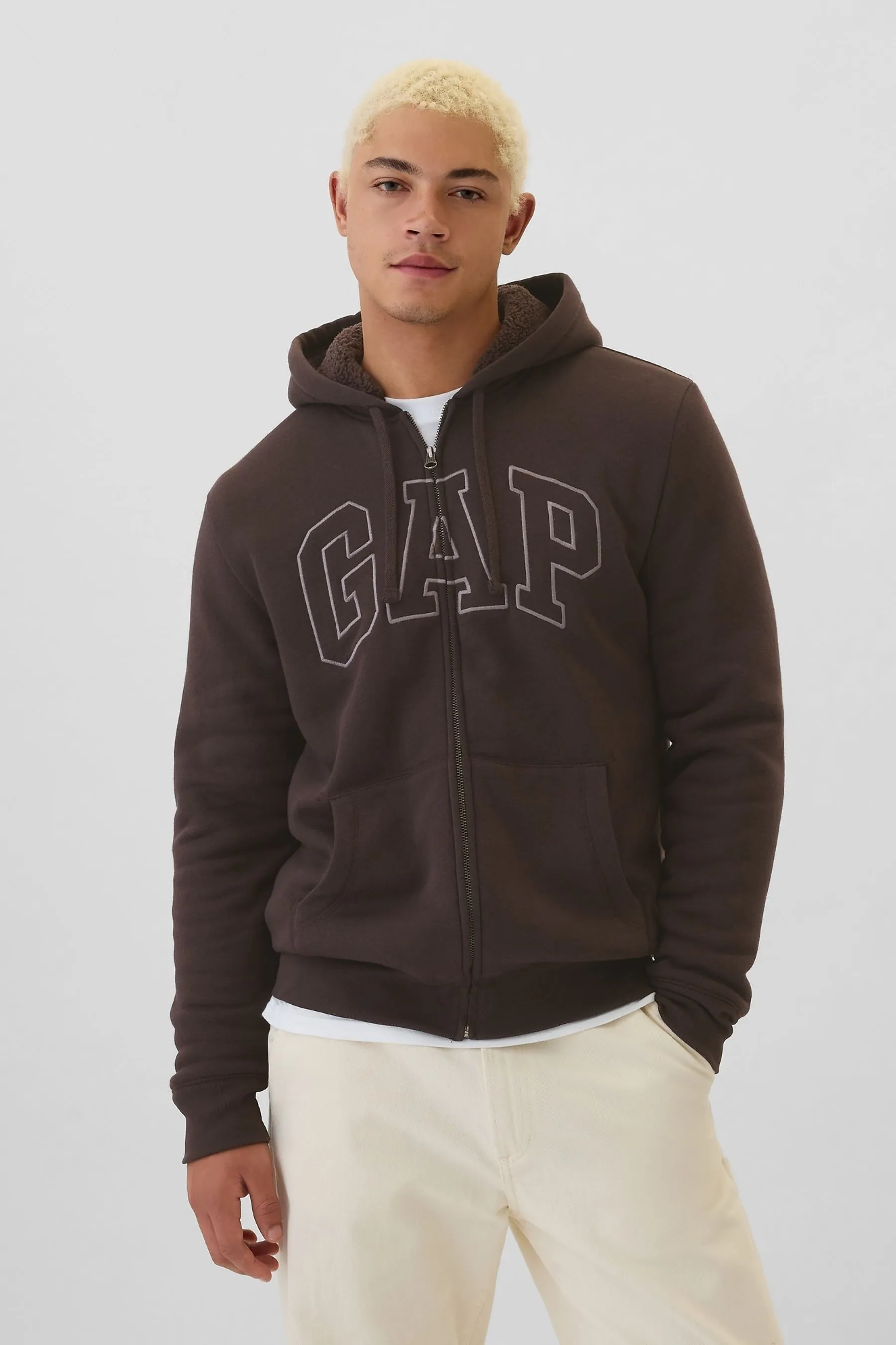 Brown Logo Sherpa-Lined Zip Up Hoodie