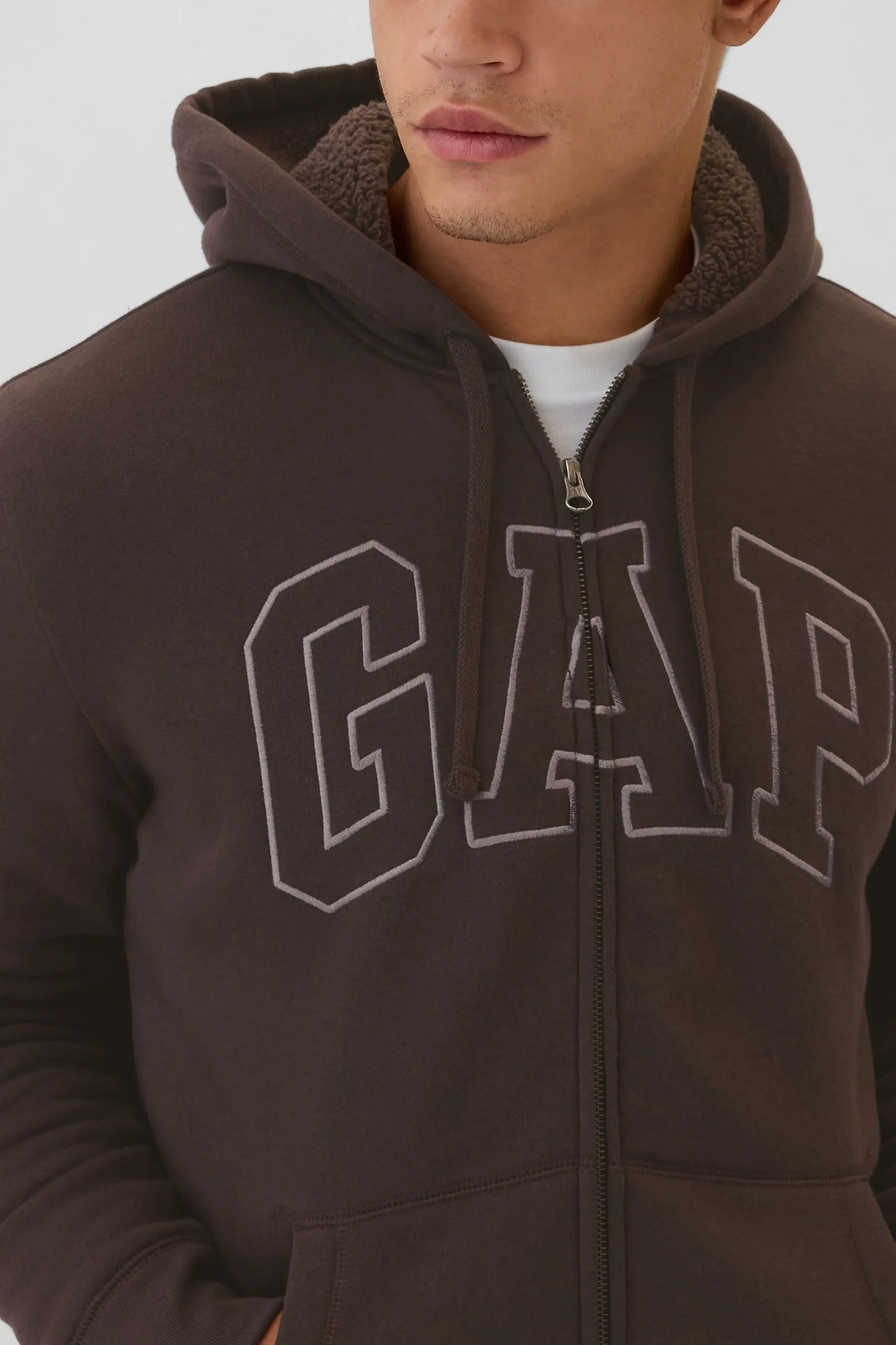 Brown Logo Sherpa-Lined Zip Up Hoodie