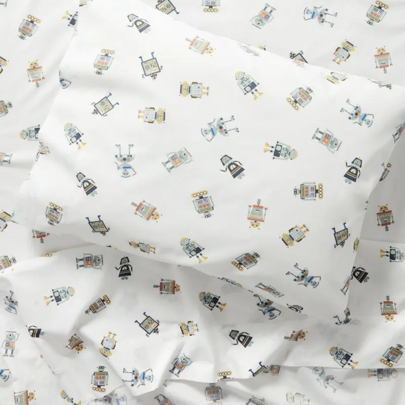 Crate&Barrel Stay Cool Modern Robot Organic Cotton Kids Twin Sheet Set