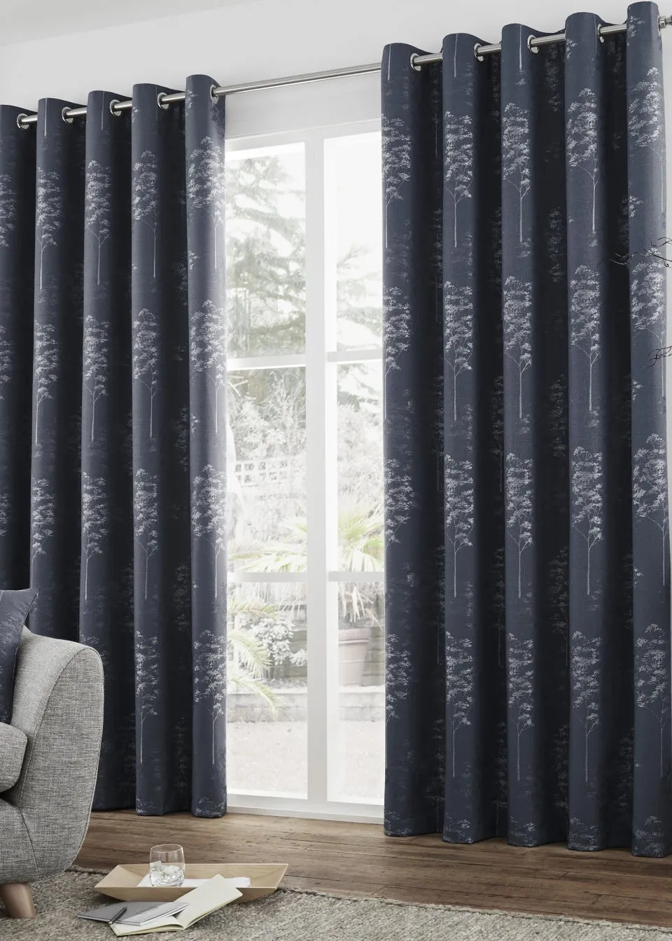 Curtina Elmwood Jacquard Navy Eyelet Curtains