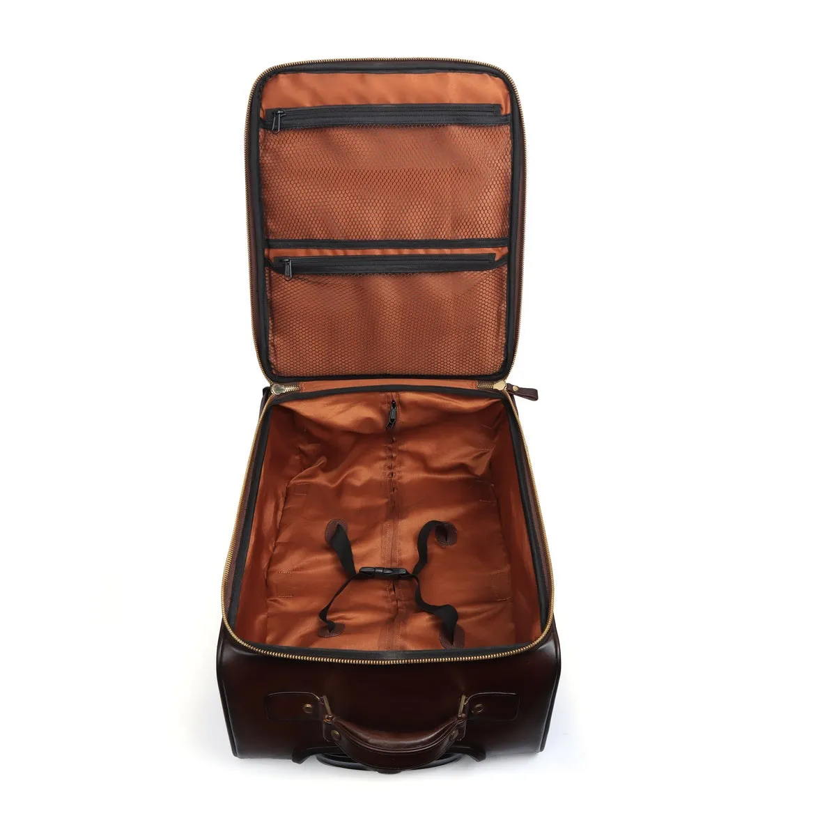 Dark Brown Quad Wheel Leather Strolley Travel Bag With Golden Zipper By Brune & Bareskin