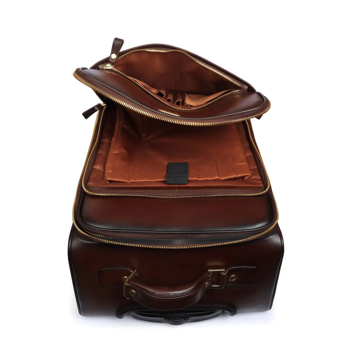 Dark Brown Quad Wheel Leather Strolley Travel Bag With Golden Zipper By Brune & Bareskin