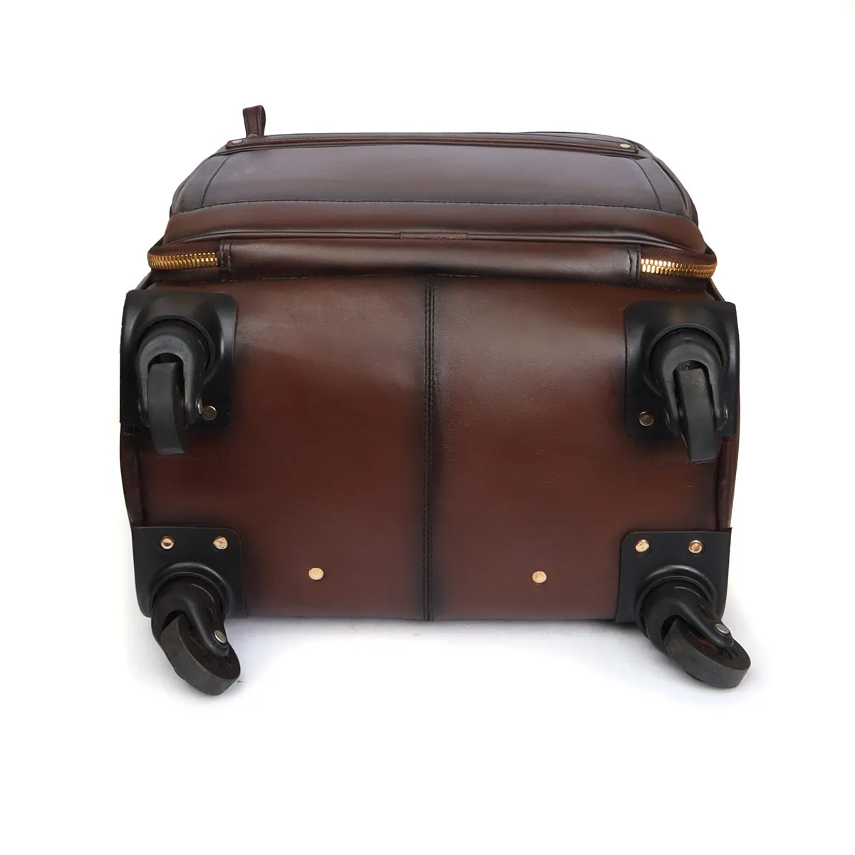 Dark Brown Quad Wheel Leather Strolley Travel Bag With Golden Zipper By Brune & Bareskin