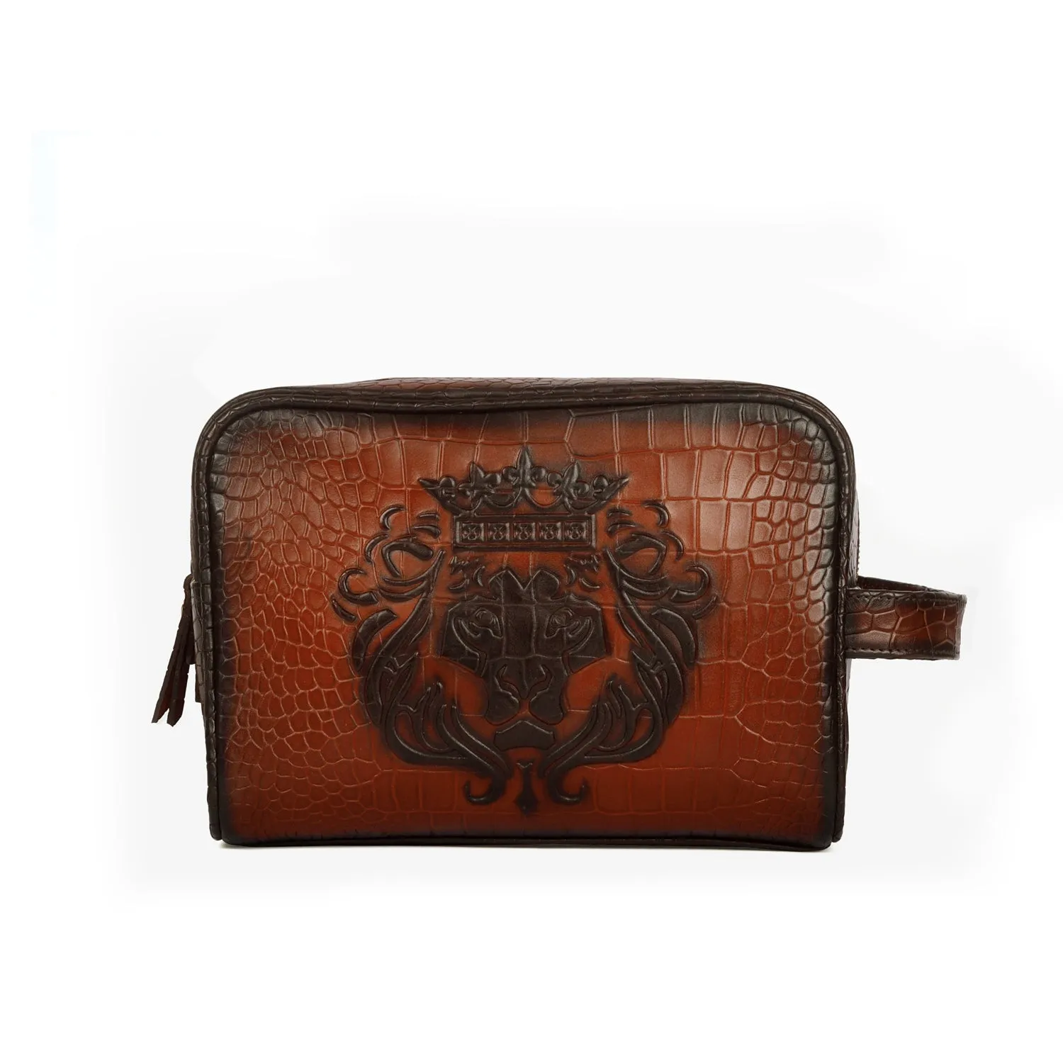 Deep Cut Tan Leather Toiletry / Slim Kit Travel Bag With Embossed Lion by Brune & Bareskin