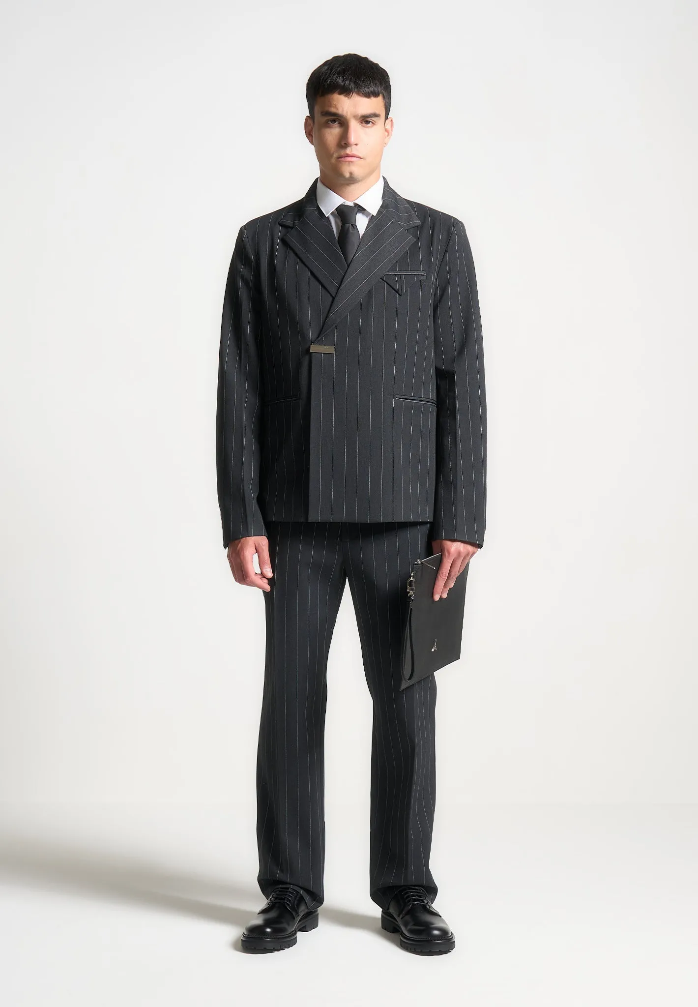 Double Breasted Pinstripe Suit Jacket - Grey