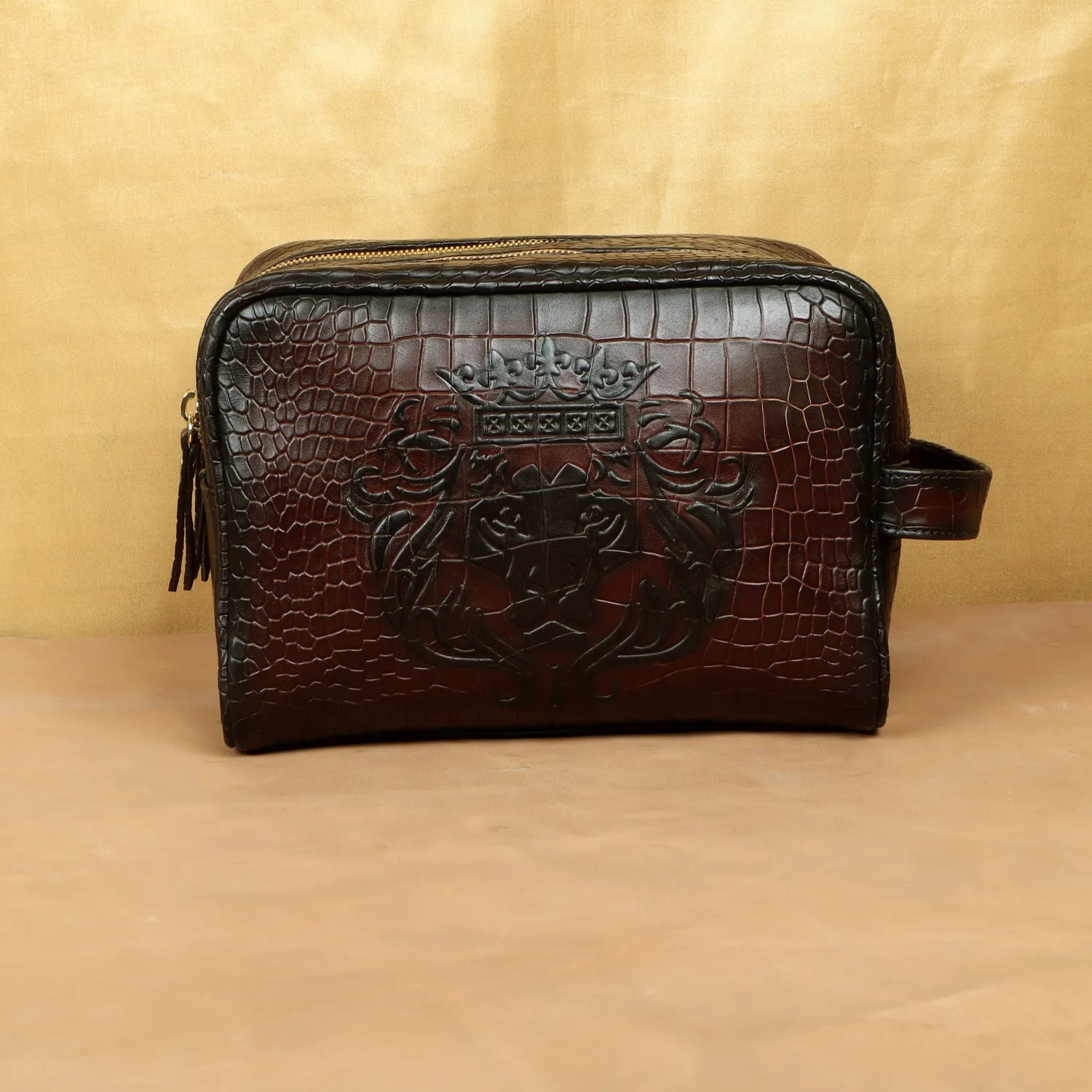 Embossed Lion Deep Cut Dark Brown Leather Toiletry/Slim Kit Travel Bag by Brune & Bareskin