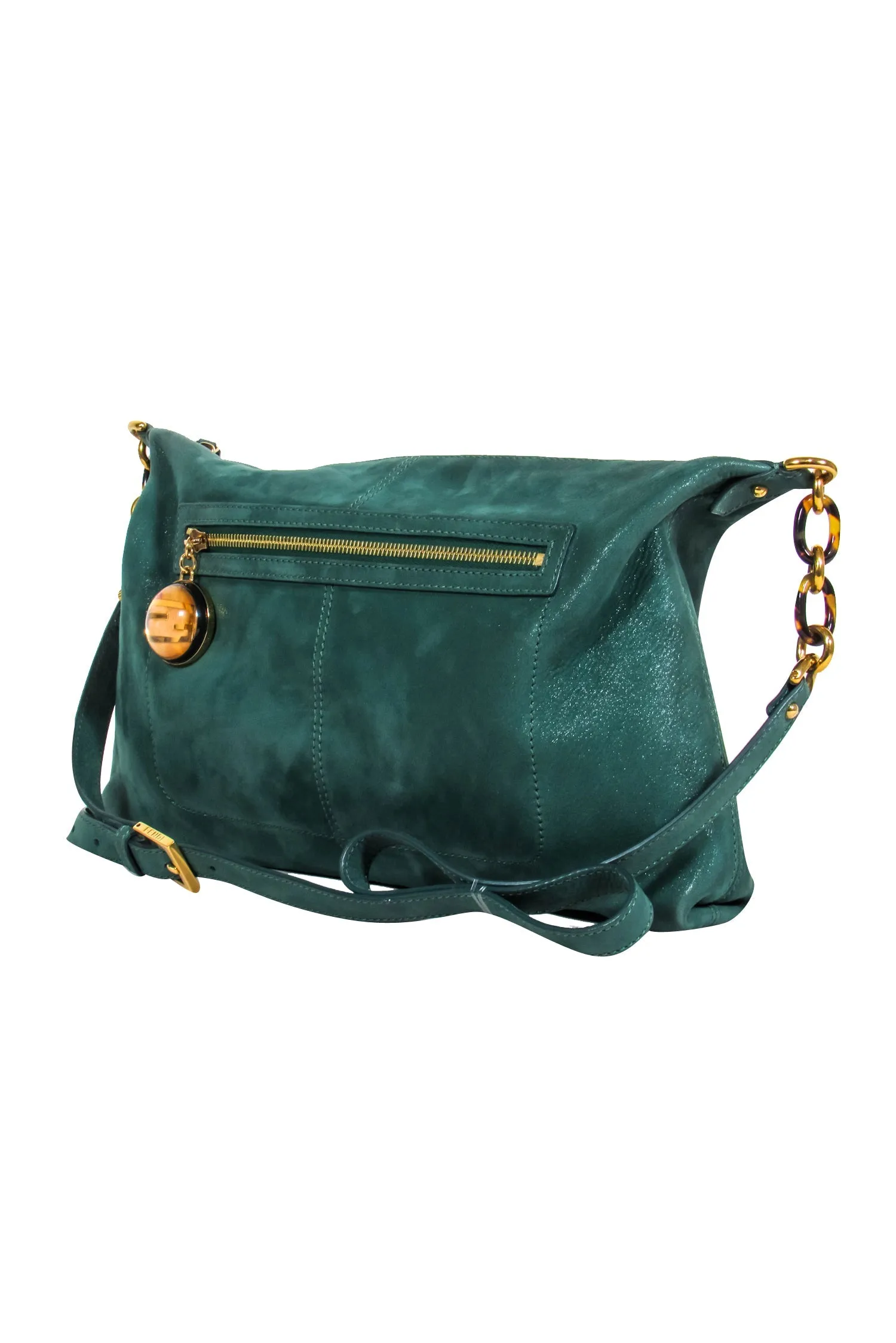 Fendi - Metallic Green Suede Crossbody w/ Tortoise Chain Link Crossbody