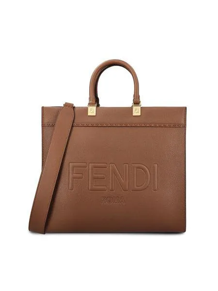 FENDI Sunshine Medium Brown Pebbled Calfskin Tote with Gold-Tone Accents and Suede Lining