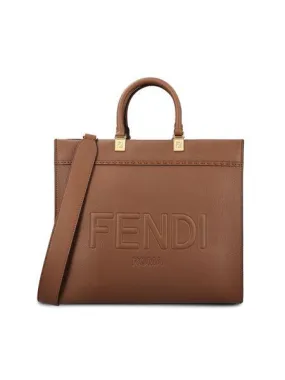 FENDI Sunshine Medium Brown Pebbled Calfskin Tote with Gold-Tone Accents and Suede Lining