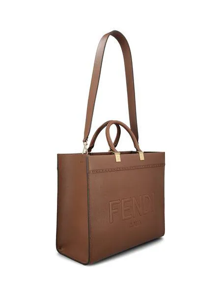 FENDI Sunshine Medium Brown Pebbled Calfskin Tote with Gold-Tone Accents and Suede Lining