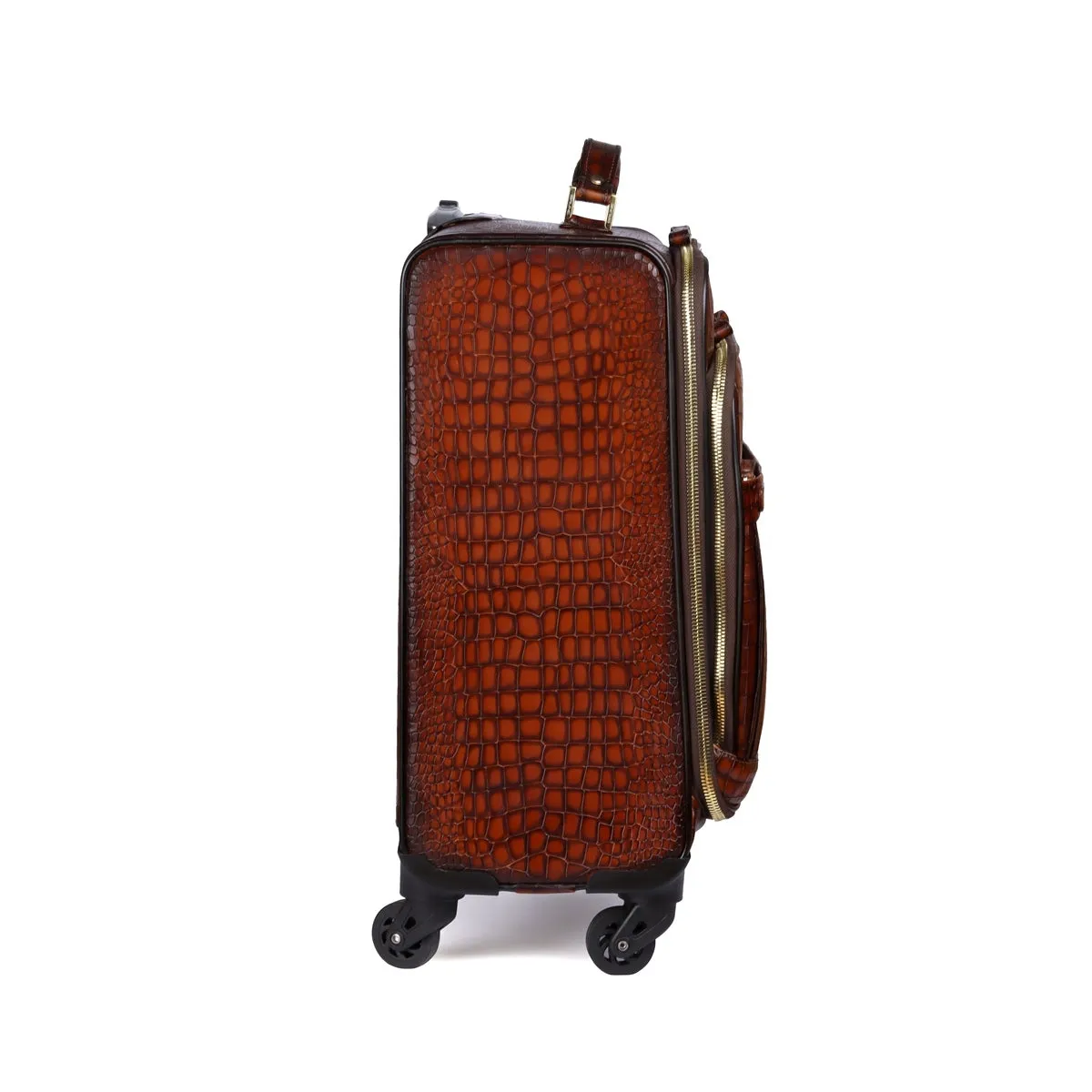 Full Deep Cut Croco Smoky Cognac Leather Quad Wheel Cabin Strolley Travel Bag