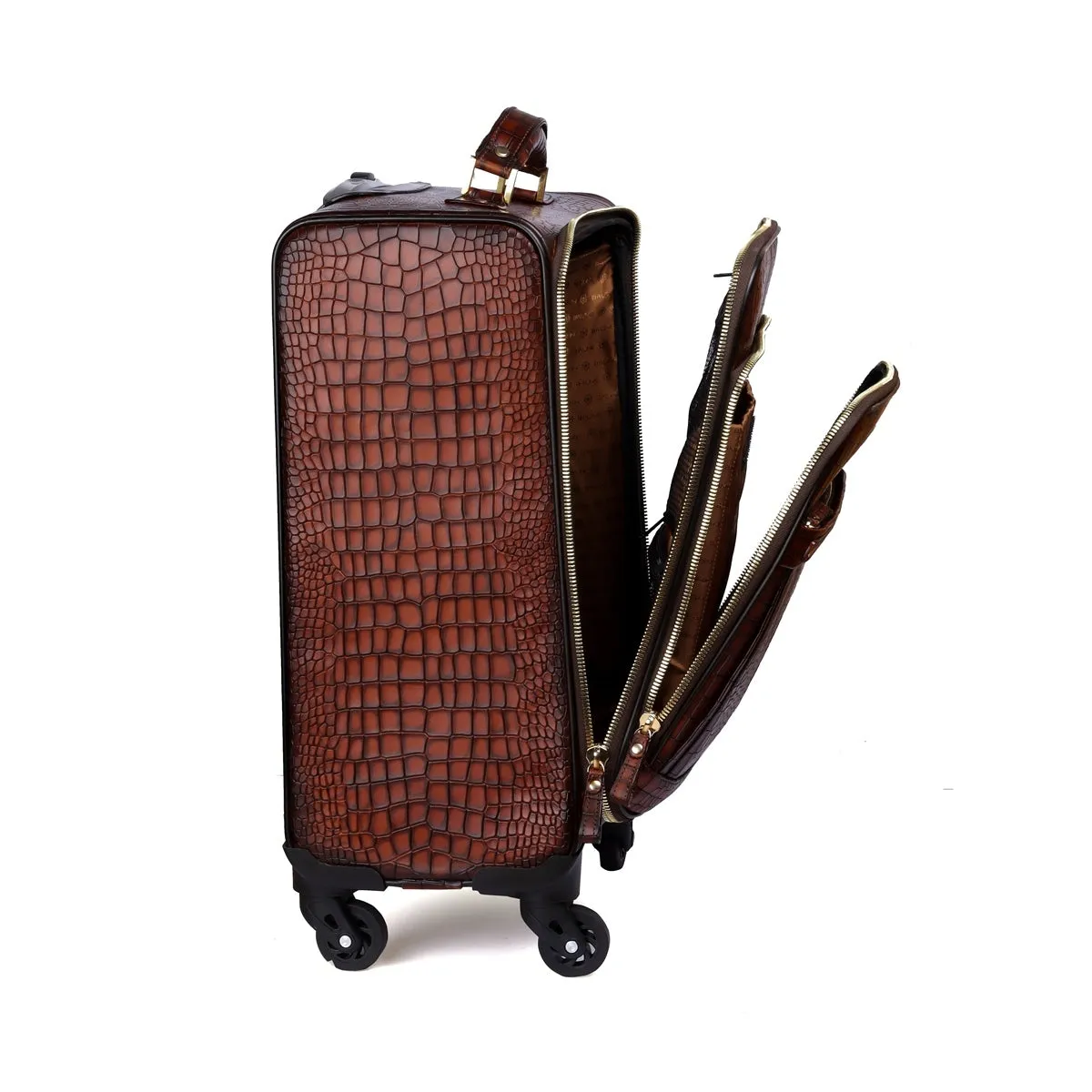 Full Deep Cut Croco Smoky Cognac Leather Quad Wheel Cabin Strolley Travel Bag