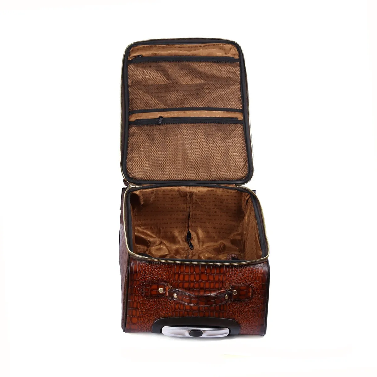 Full Deep Cut Croco Smoky Cognac Leather Quad Wheel Cabin Strolley Travel Bag