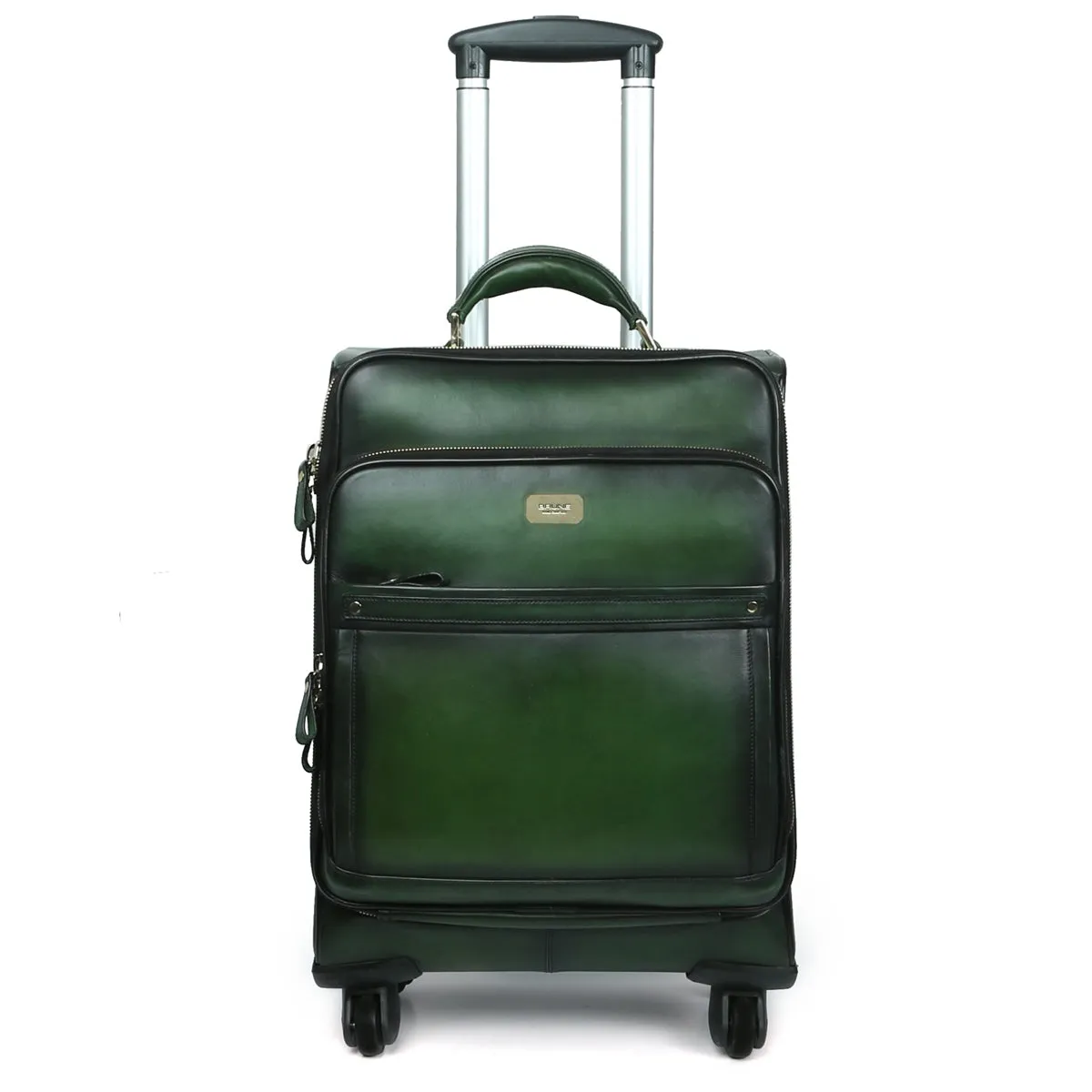 Green Quad Wheel Leather Strolley Travel Bag By Brune & Bareskin