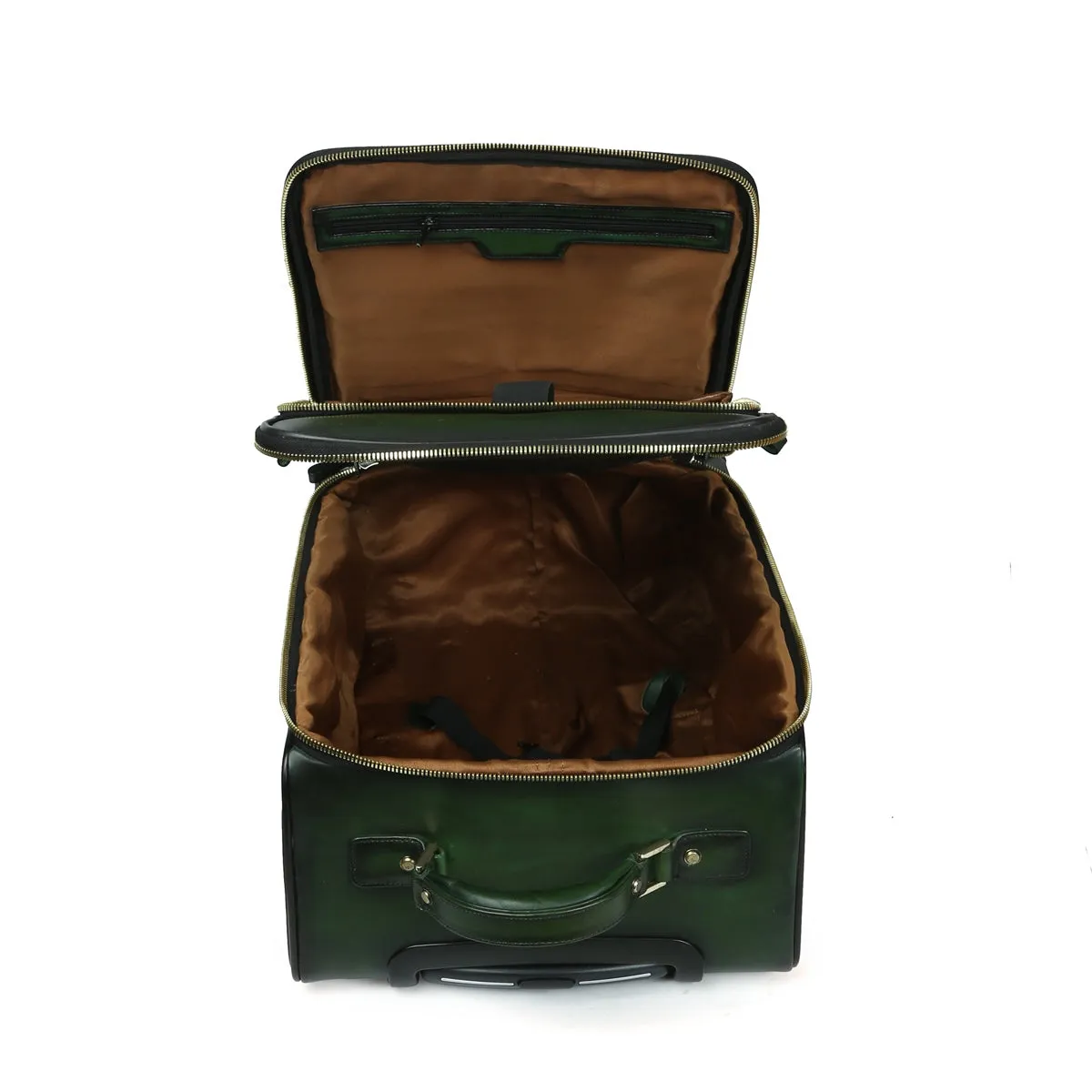 Green Quad Wheel Leather Strolley Travel Bag By Brune & Bareskin