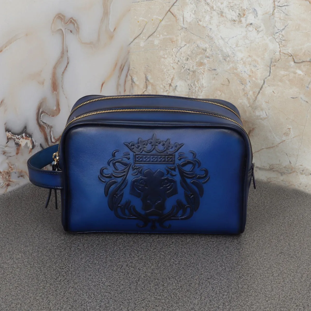 Handcrafted Embossed Lion Blue Leather Travel Kit bag /Shaving Kit by  Brune & Bareskin