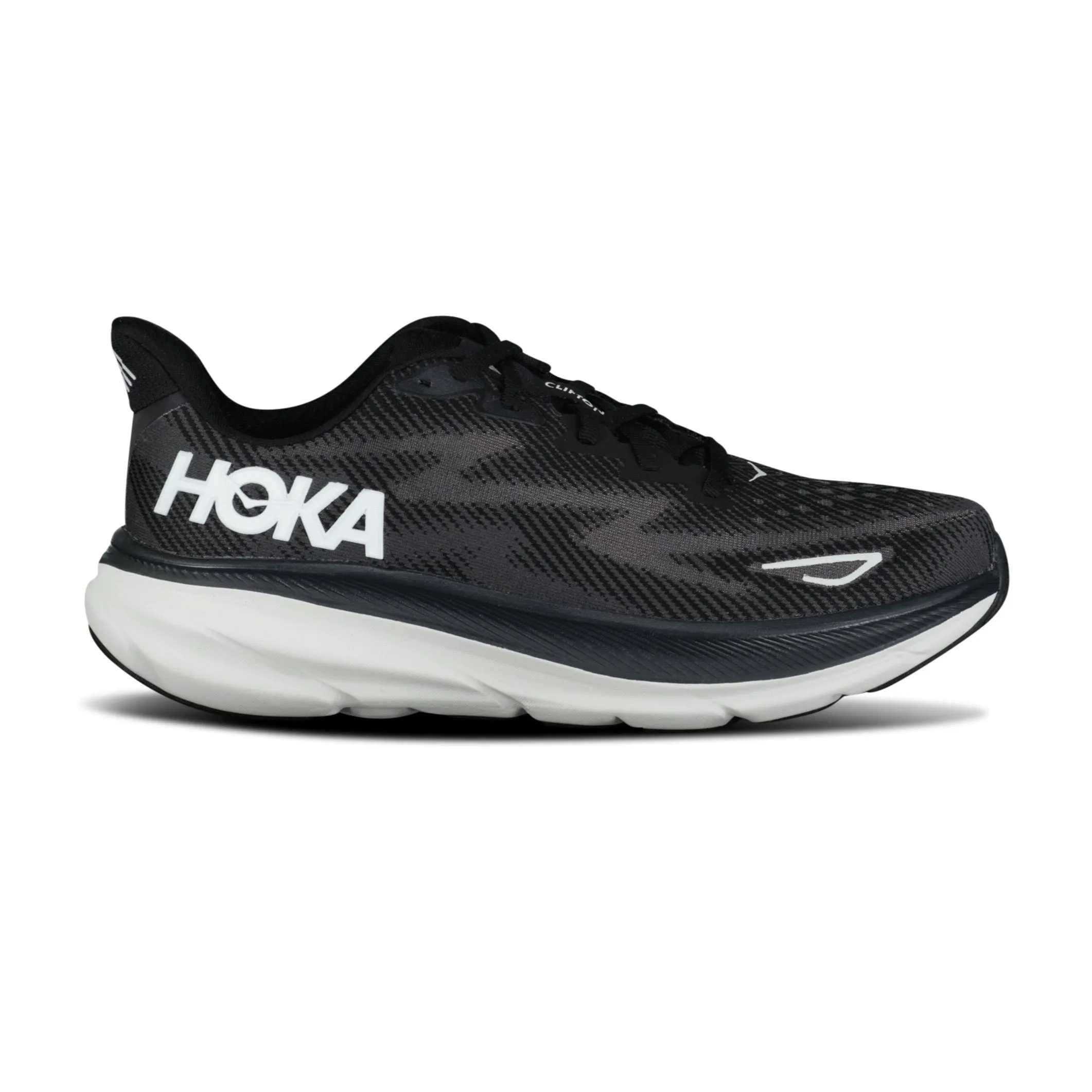 HOKA CLIFTON 9 BLACK / WHITE TRAINERS