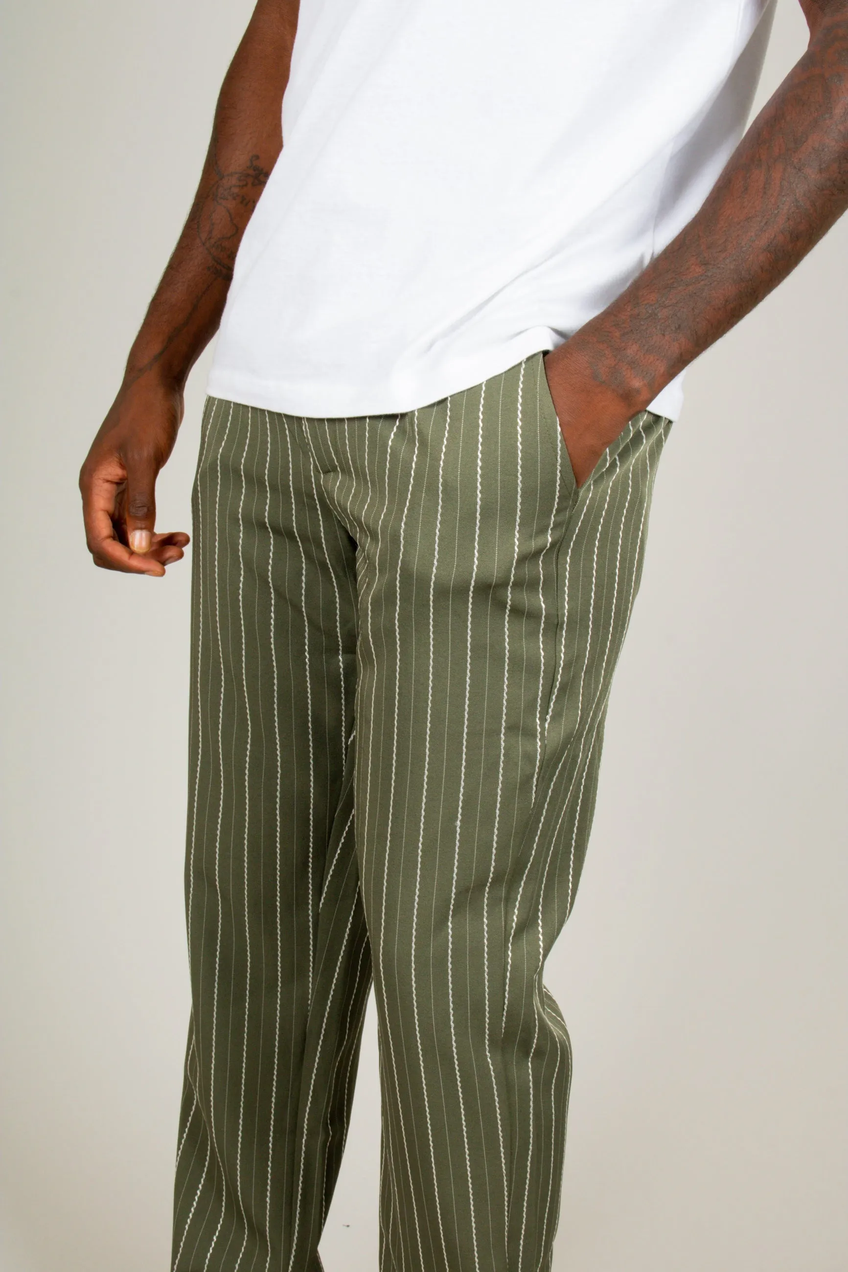 Khaki Pinstripe Straight Leg Trousers