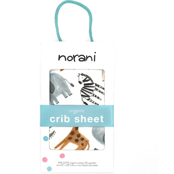 Norani Organic Print Crib Sheet, Safari Animals