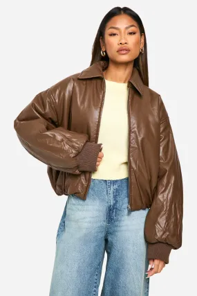 Padded Faux Leather Bomber Jacket