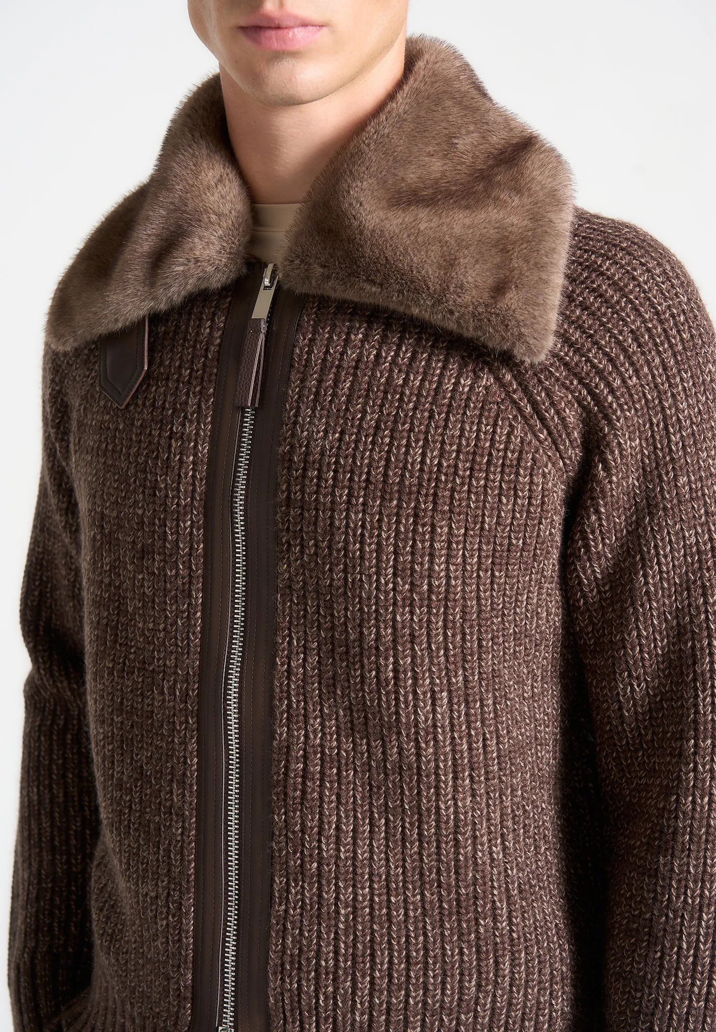 Plush Collar Wool Knit Jacket - Brown