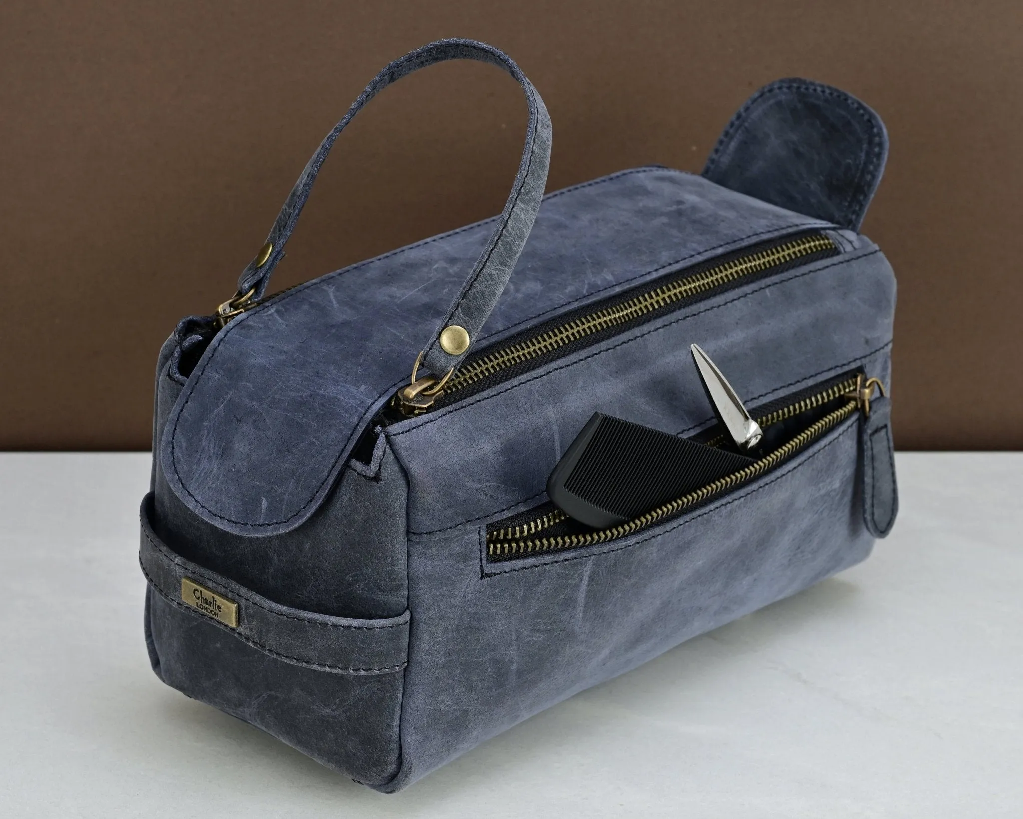 Premium Cowhide Leather Toiletry Bag Travel Dopp Kit Distressed Blue