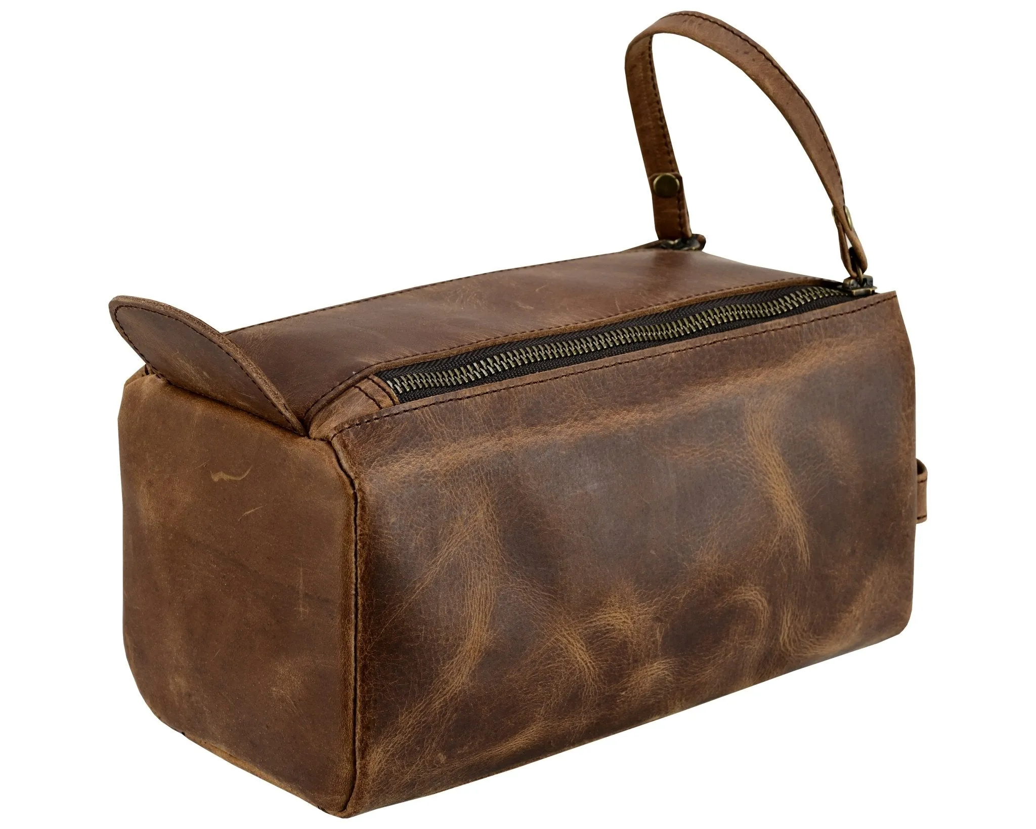 Premium Cowhide Leather Toiletry Bag Travel Dopp Kit Distressed Brown