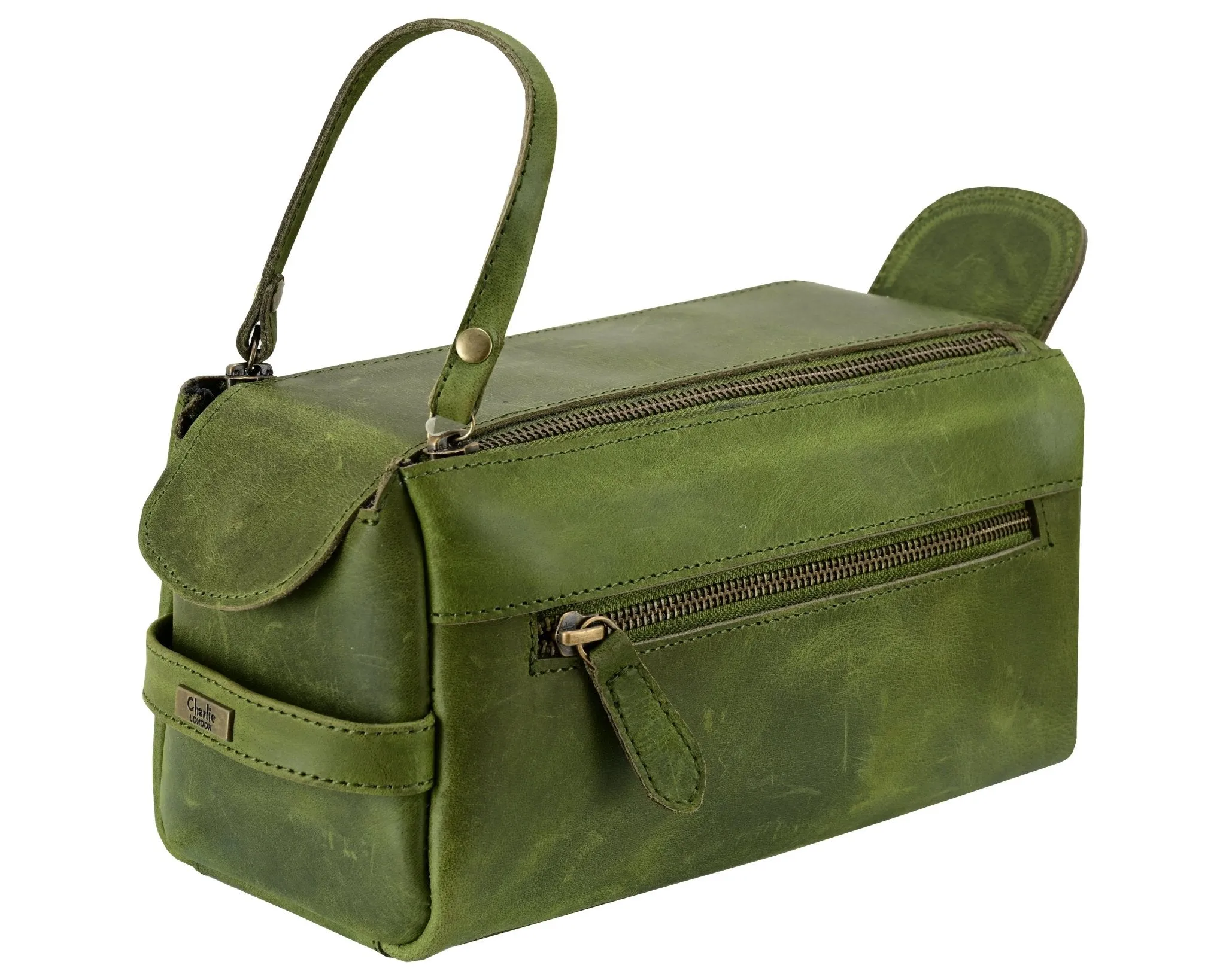 Premium Cowhide Leather Toiletry Bag Travel Dopp Kit Distressed Green