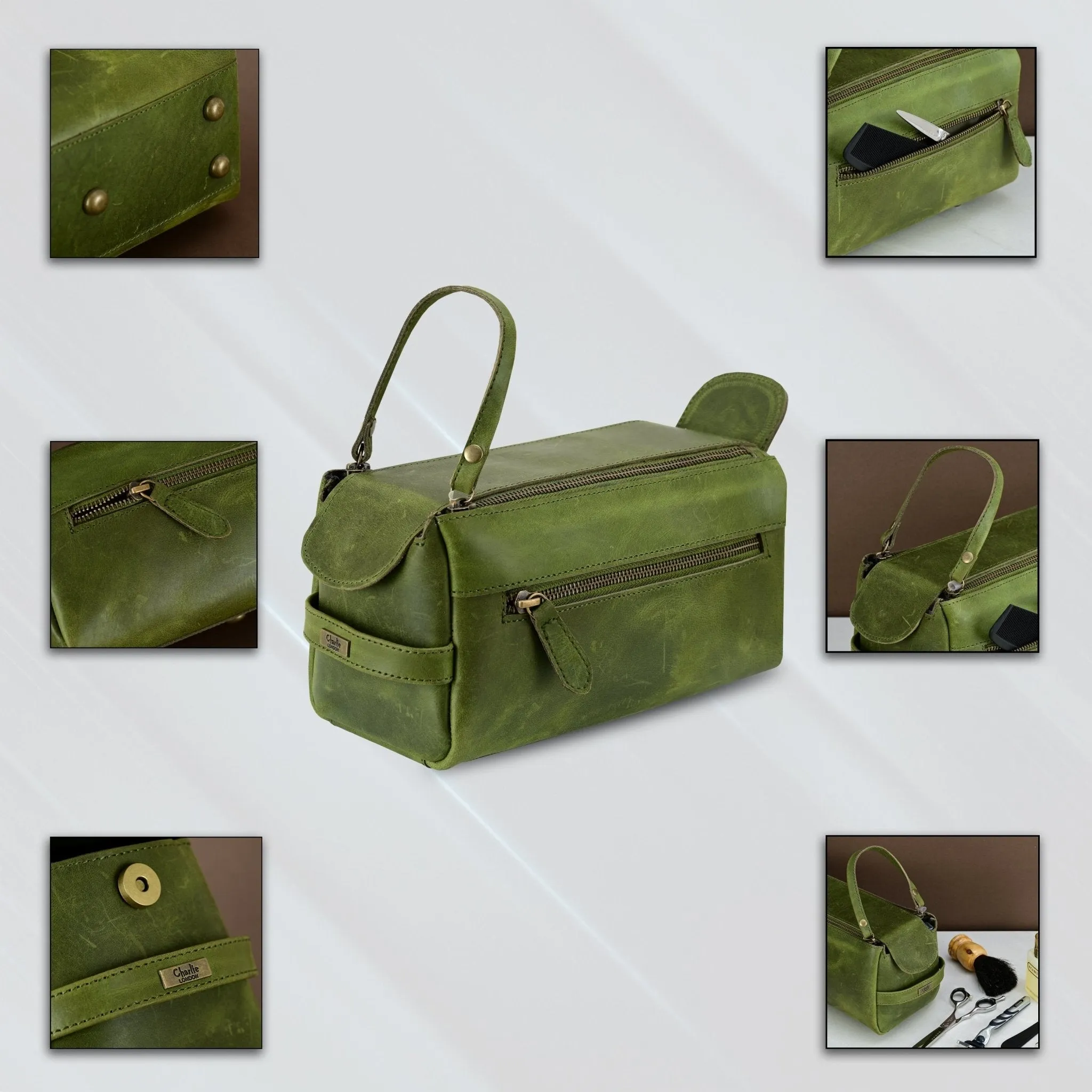 Premium Cowhide Leather Toiletry Bag Travel Dopp Kit Distressed Green