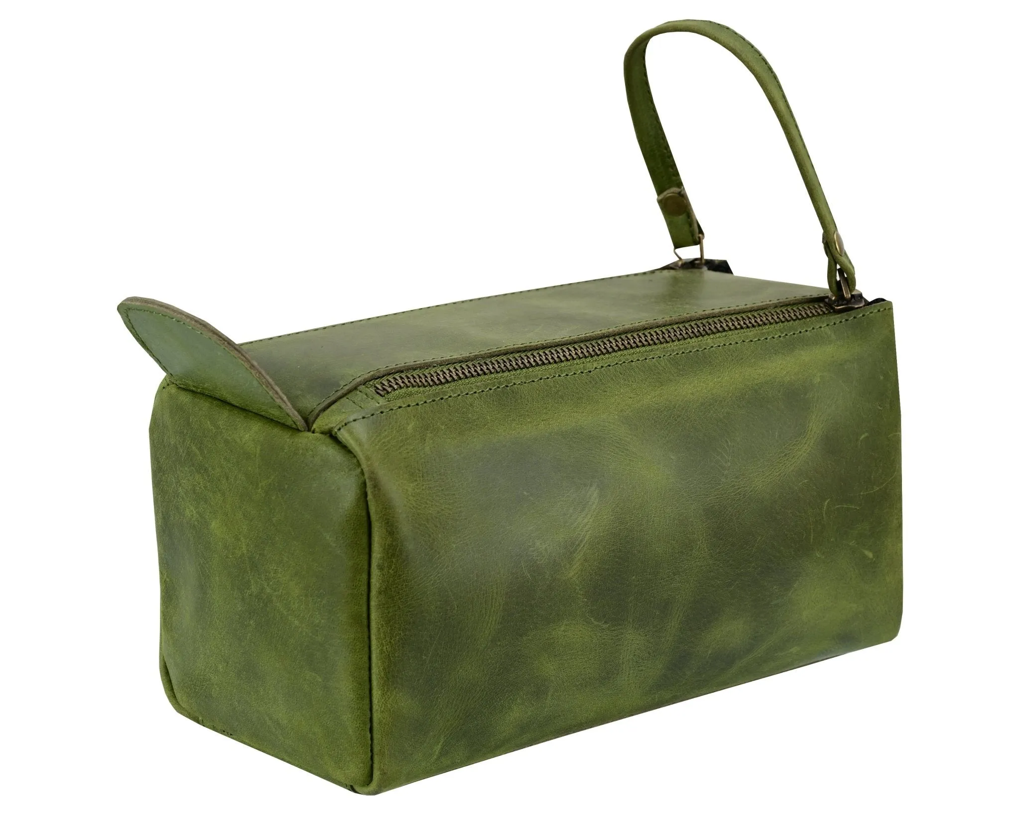 Premium Cowhide Leather Toiletry Bag Travel Dopp Kit Distressed Green