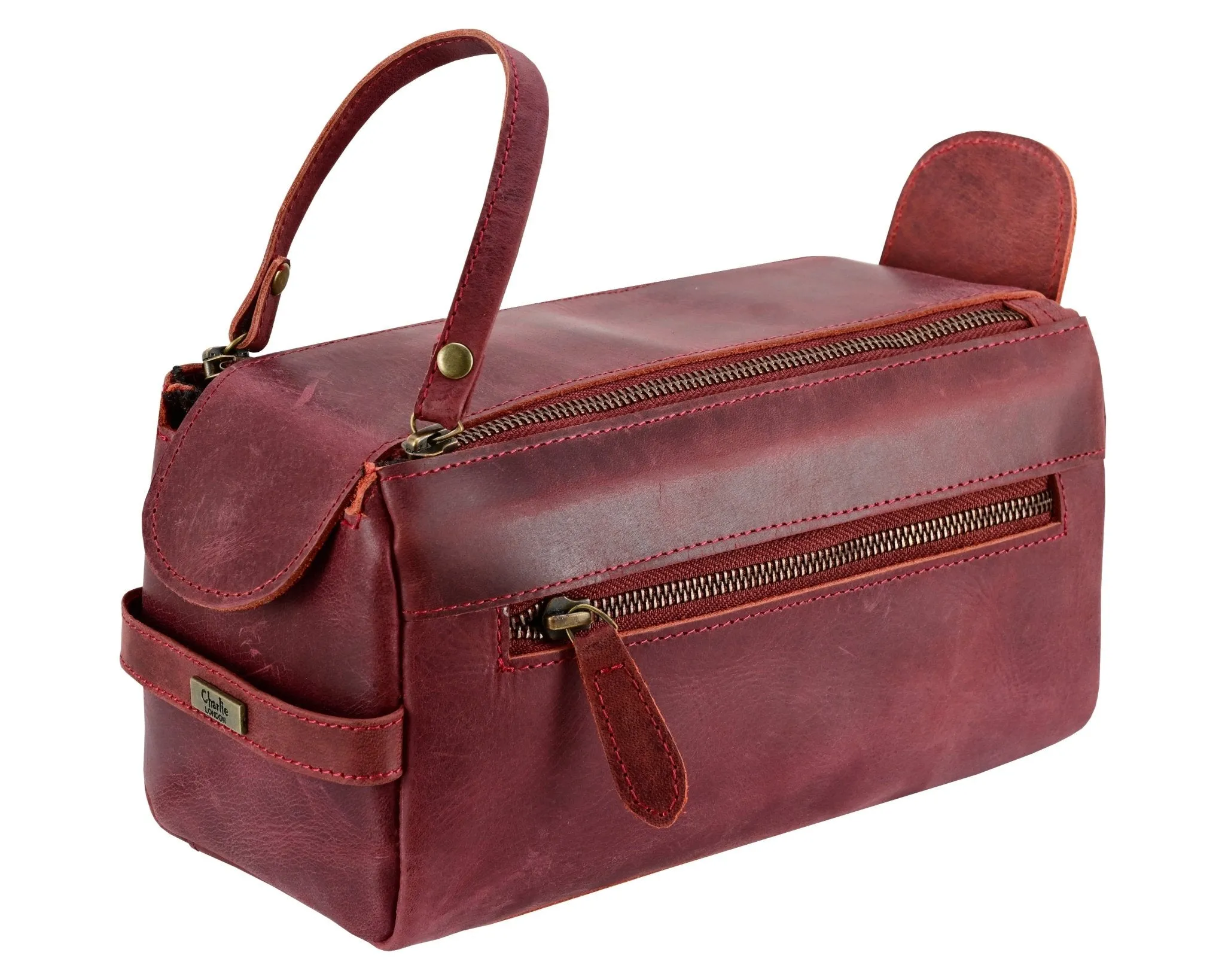 Premium Cowhide Leather Toiletry Bag Travel Dopp Kit Distressed Maroon