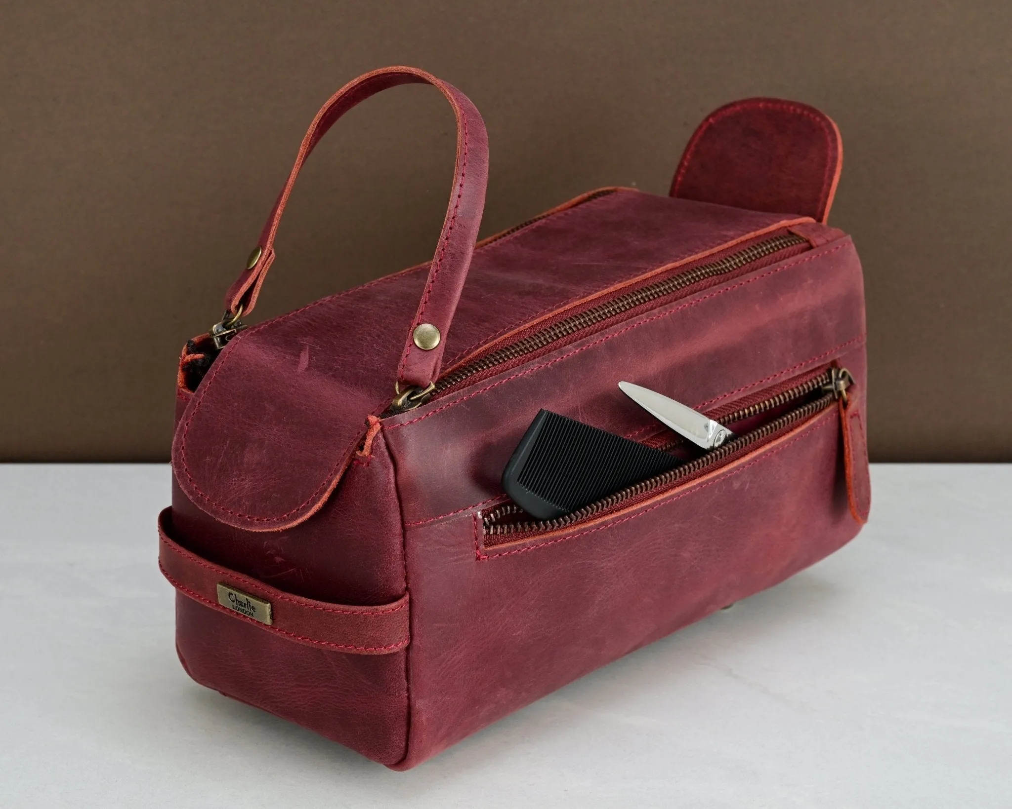 Premium Cowhide Leather Toiletry Bag Travel Dopp Kit Distressed Maroon