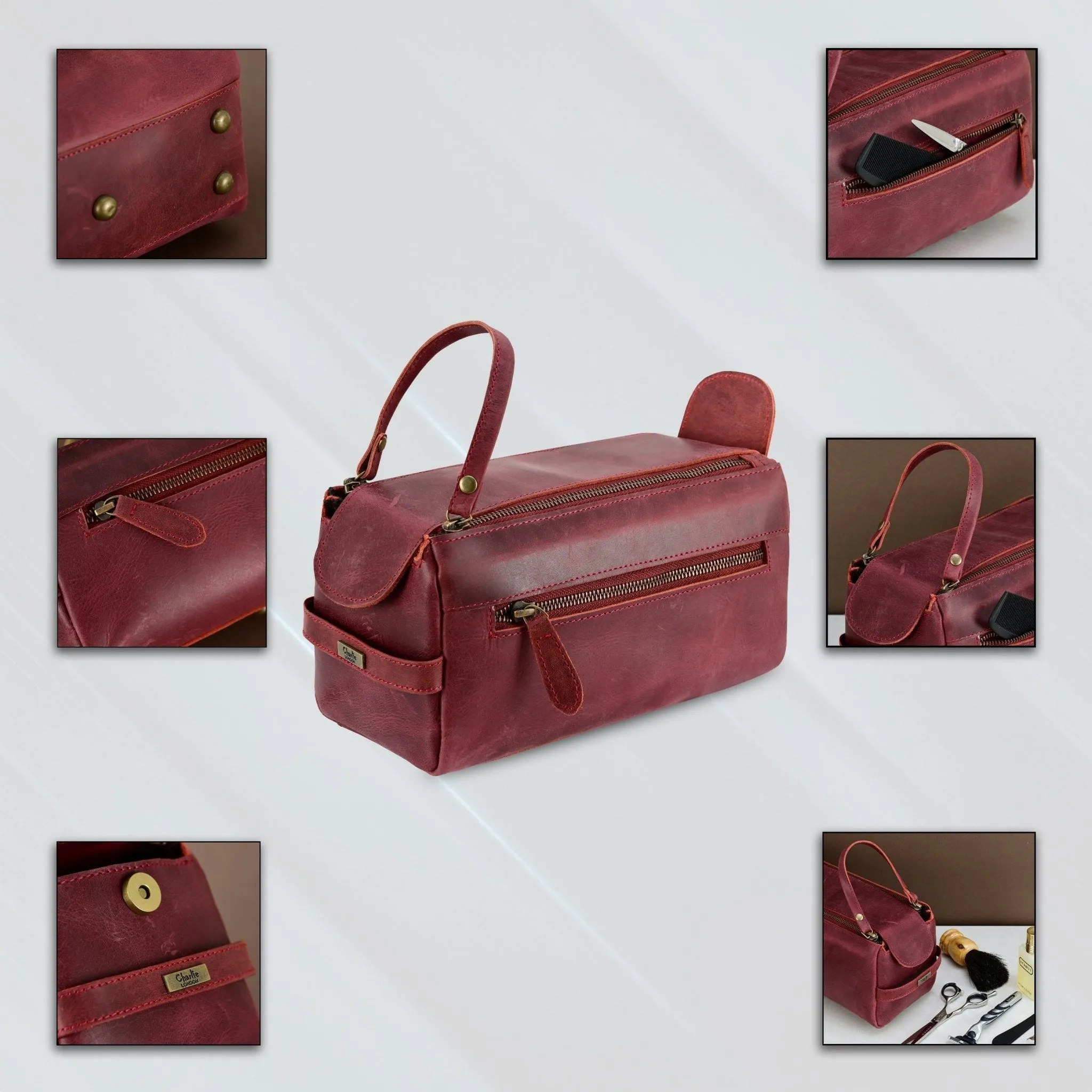 Premium Cowhide Leather Toiletry Bag Travel Dopp Kit Distressed Maroon