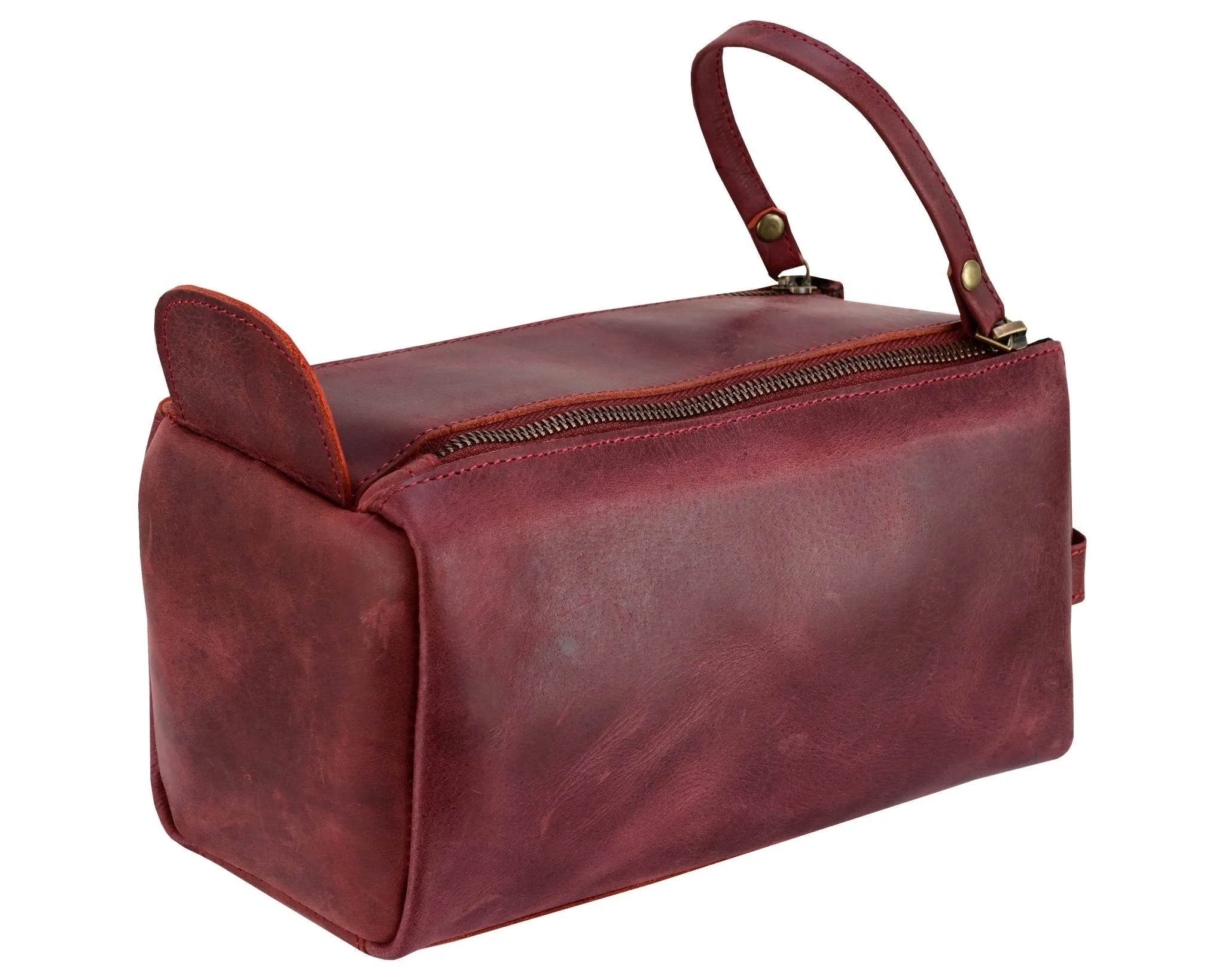 Premium Cowhide Leather Toiletry Bag Travel Dopp Kit Distressed Maroon