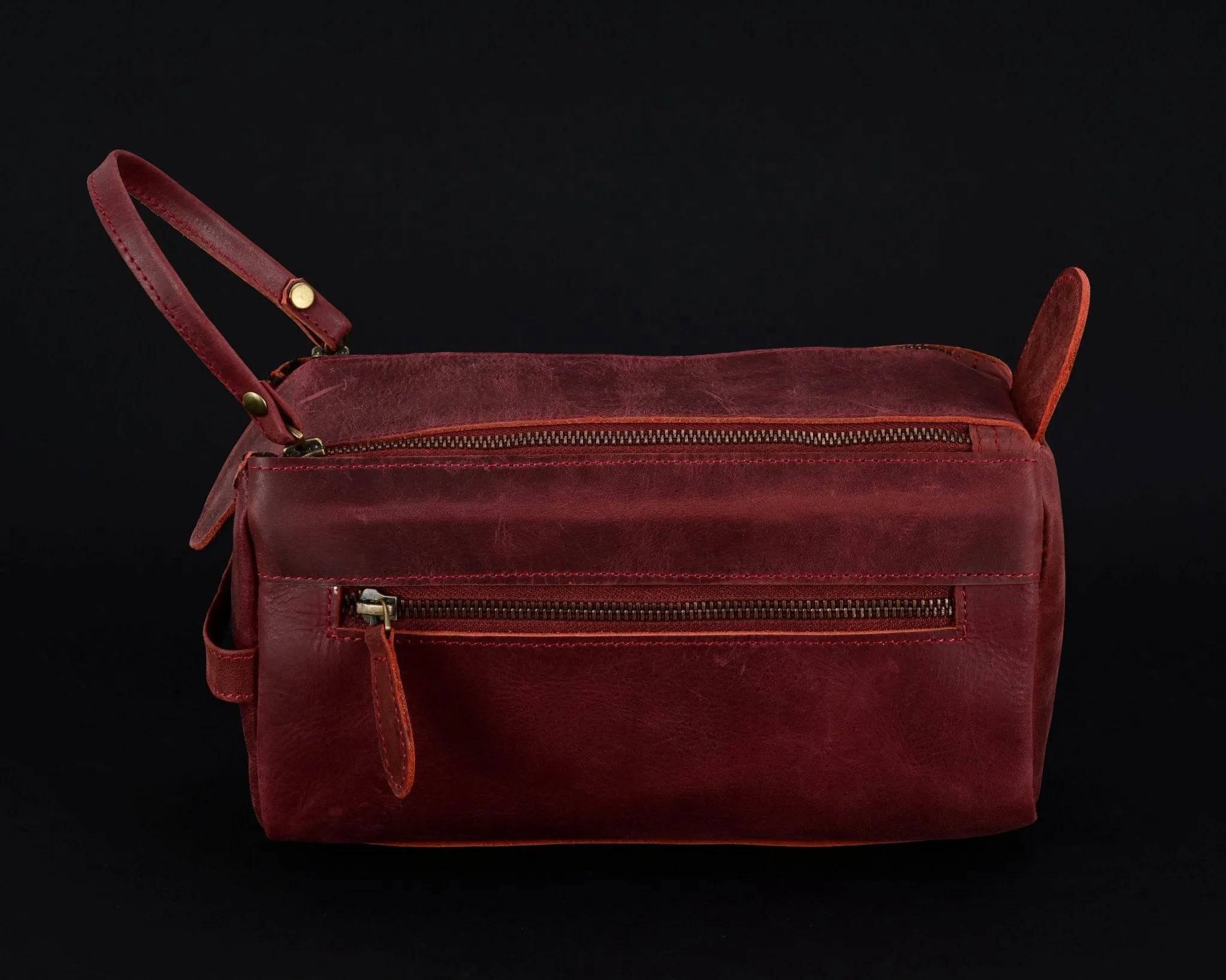 Premium Cowhide Leather Toiletry Bag Travel Dopp Kit Distressed Maroon